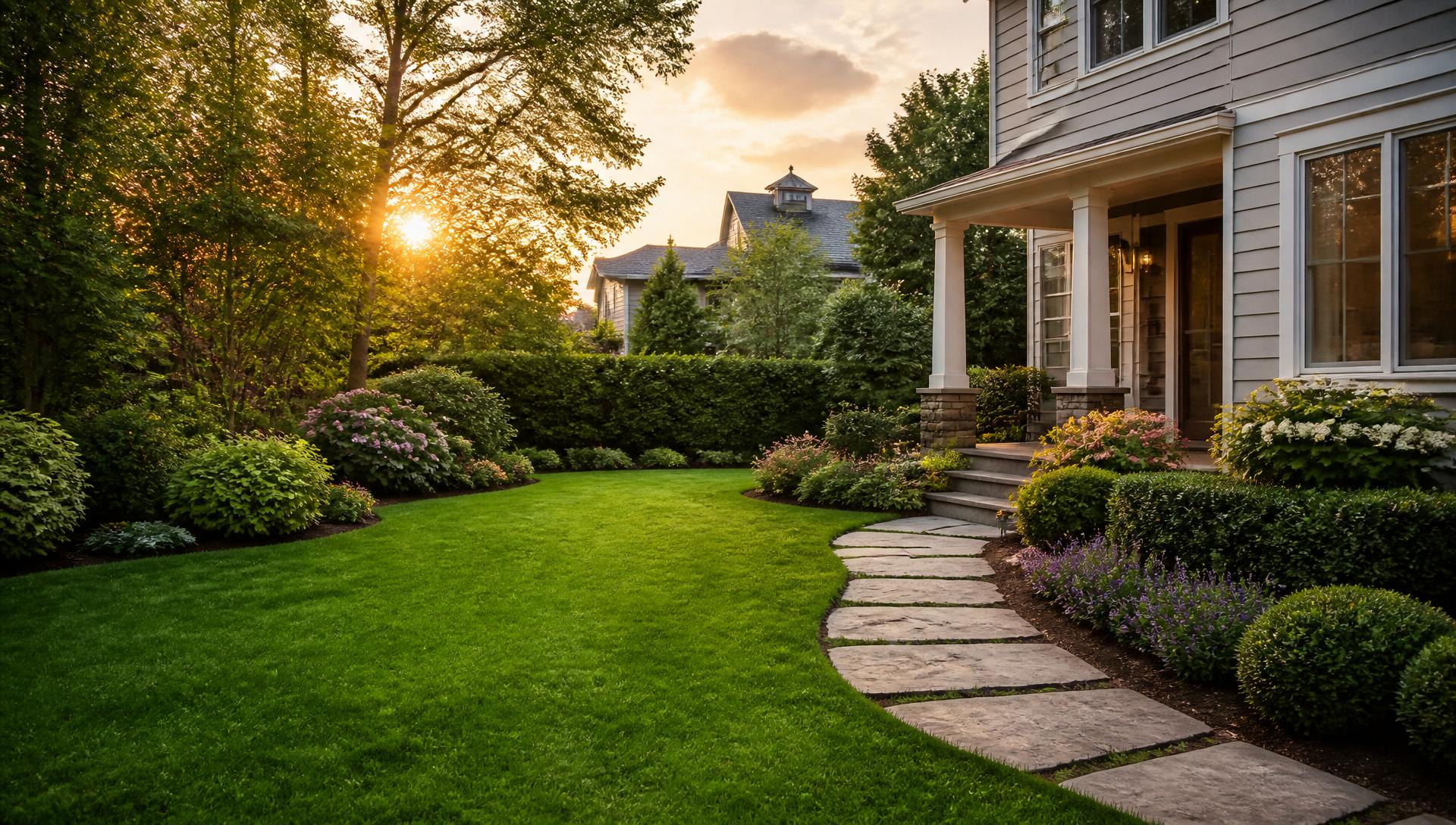 A beautifully landscaped residential backyard with lush green lawn and garden beds