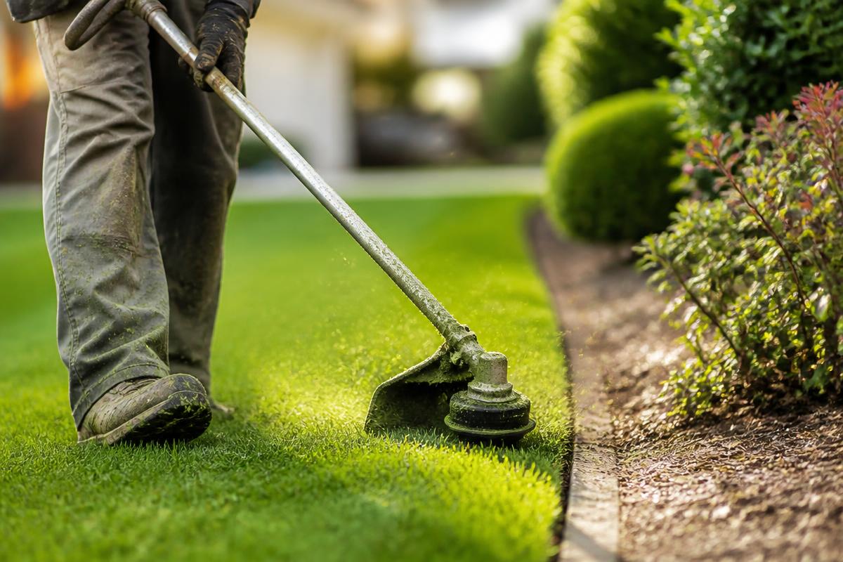 Close-up of a professional landscaper trimming a lawn edge